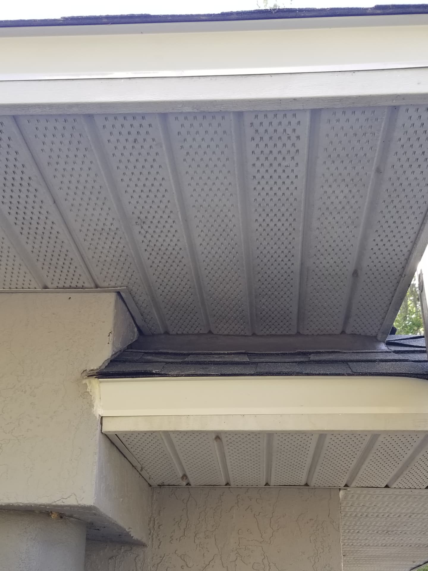 Sealed roof return and soffit repair on a Tampa home blocking raccoon and rodent entry into the attic
